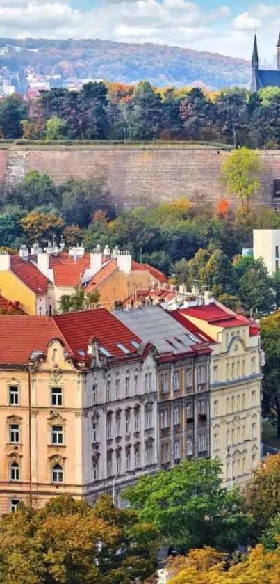 Scenic autumn cityscape with historic architecture.