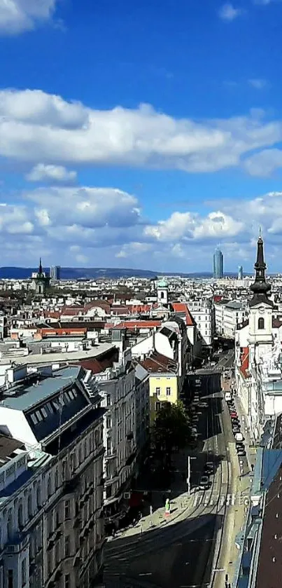 Urban skyline with blue sky and historic architecture.