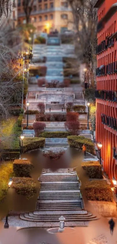 Scenic urban steps with warm lighting in city landscape.