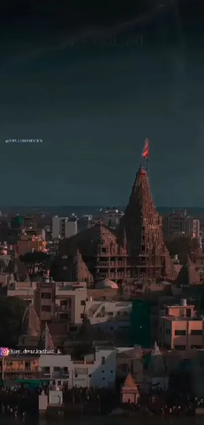 Skyline view of a historic urban temple at dusk.