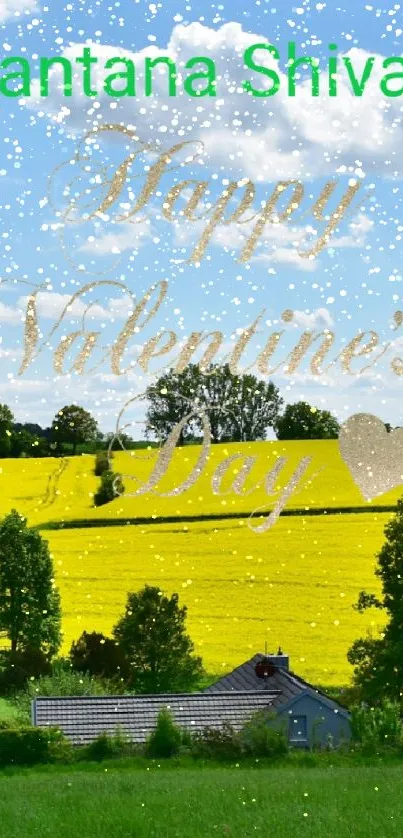Scenic wallpaper with green fields and Happy Valentine's Day text.