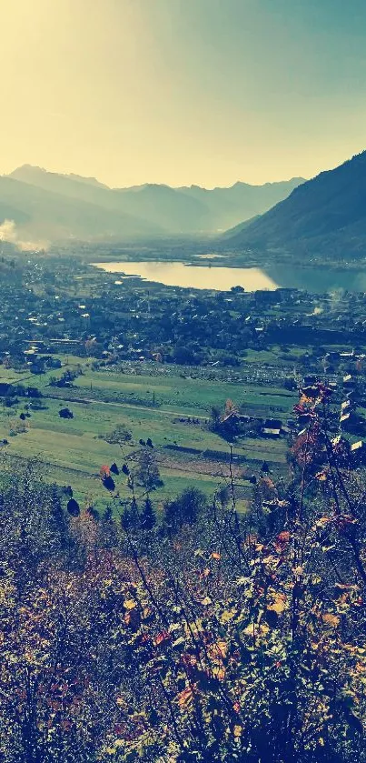 Serene valley with mountain landscape under soft light.