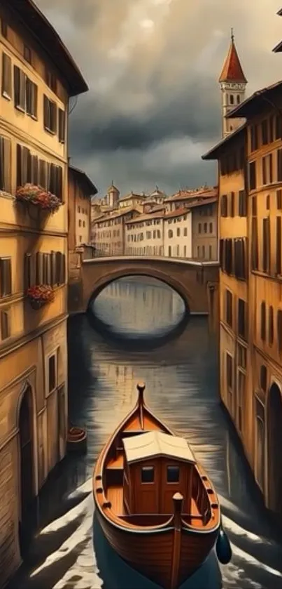 Artistic depiction of a Venetian canal with a boat navigating through historic architecture.