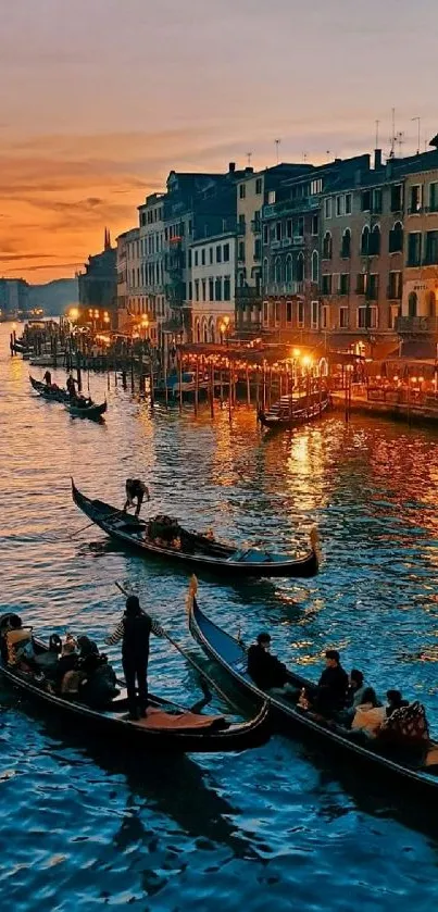 Venice canal at dusk with gondolas and illuminated buildings.