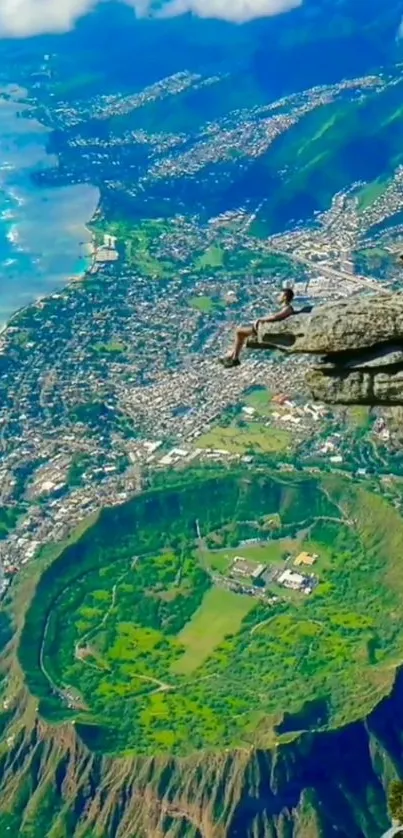 Cliff edge view with city and lush landscape beneath