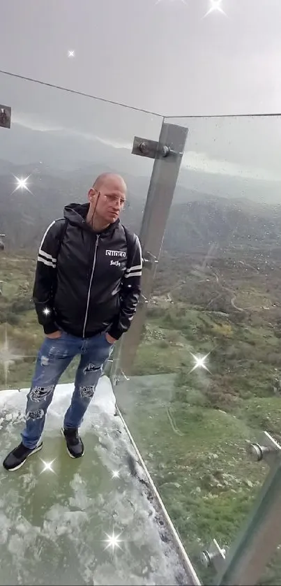 Man standing on glass balcony overlooking scenic landscape.