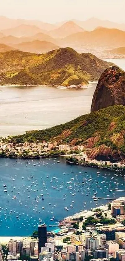 Scenic landscape of Brazil's coastline with city and ocean.