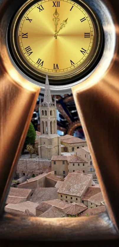 Keyhole view showing clock and village landscape.