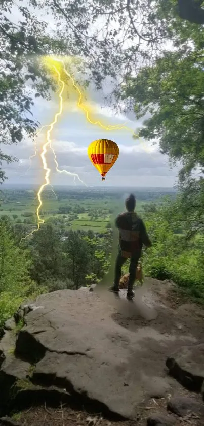 Man stands on cliff with hot air balloon and lightning in background.