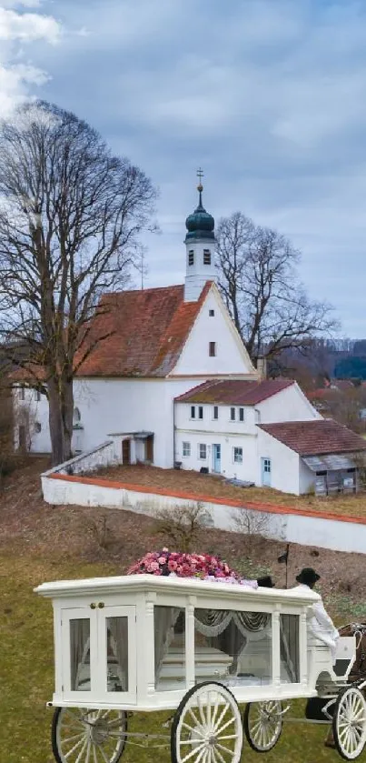 Scenic village landscape with a carriage and church in the countryside.