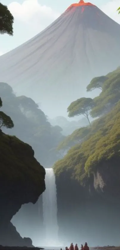 Waterfall with lush forest and volcanic backdrop in vivid scenery.