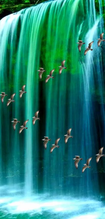 Serene waterfall with birds flying in forest.