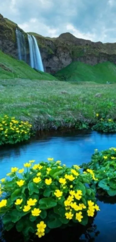 Serene waterfall with vibrant yellow flowers and lush greenery landscape.