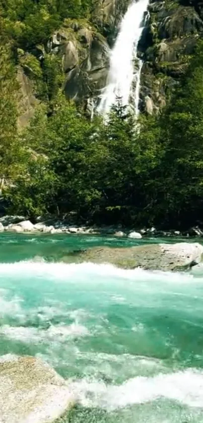 Serene turquoise river with a cascading waterfall and lush greenery.