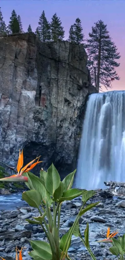 A tranquil waterfall amid rocks and greenery under a calming purple sky.