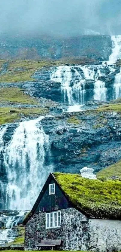 A tranquil scene of a rustic cottage set by cascading waterfalls and green hills.