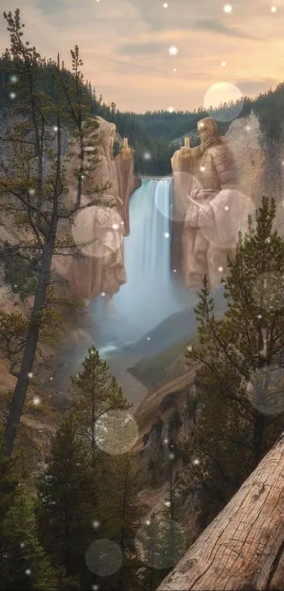 Fantasy landscape with waterfall and sculptures, perfect for mobile wallpaper.