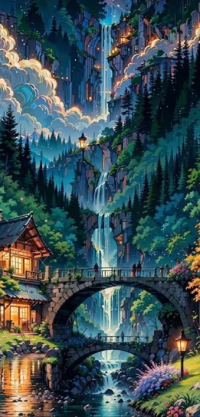 Magical waterfall in lush forest with cottage and bridge, serene mobile wallpaper.