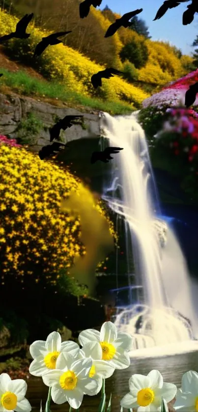 A scenic waterfall surrounded by colorful flowers in a lush garden.