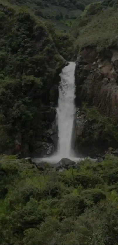 Waterfall in a green jungle landscape with rocky cliffs.