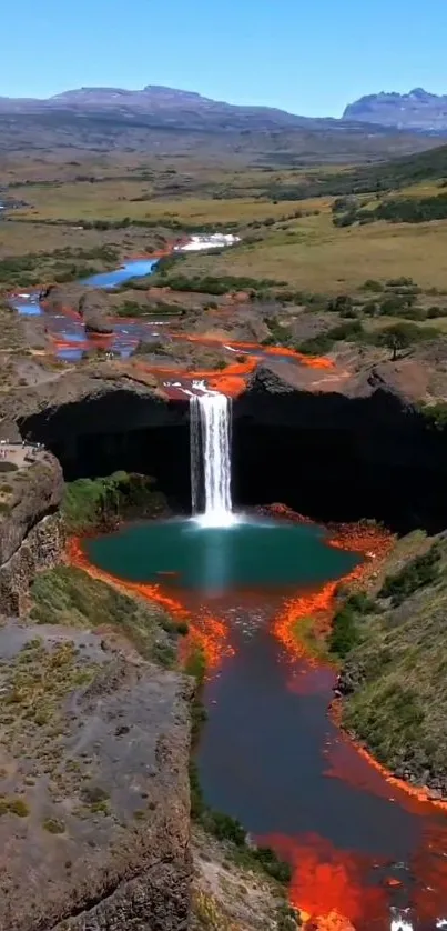 Scenic waterfall with red streams and lush greenery landscape.