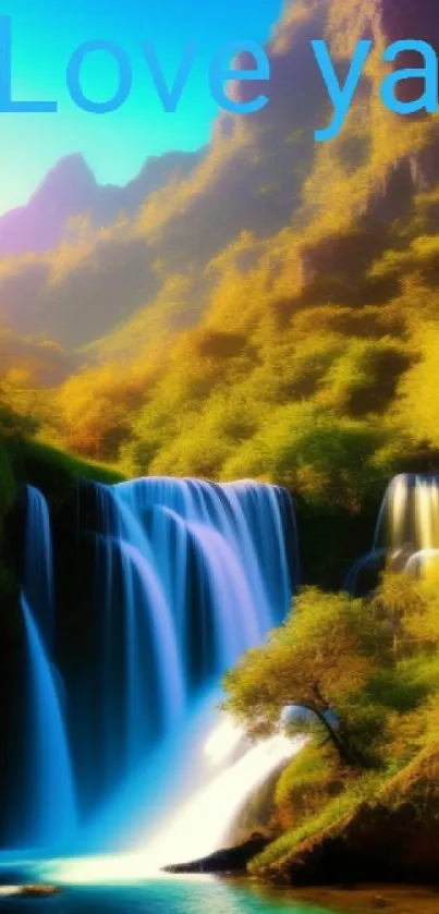 Vibrant waterfall and landscape mobile wallpaper with lush greenery.