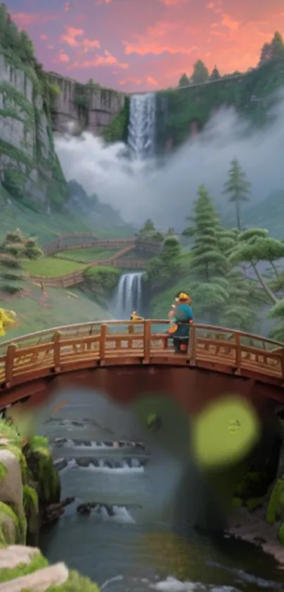 Scenic landscape with waterfalls and a wooden bridge in lush greenery.
