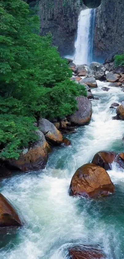 Waterfall cascading through lush forest with rocks.