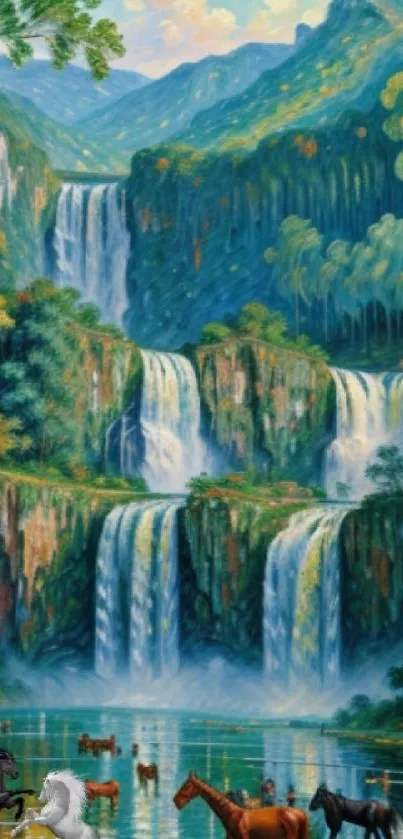 Tranquil nature scene with waterfall, greenery, and horses.