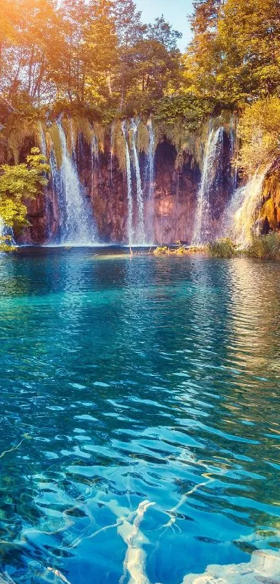 Beautiful waterfall and turquoise pool in a sunlit forest setting.