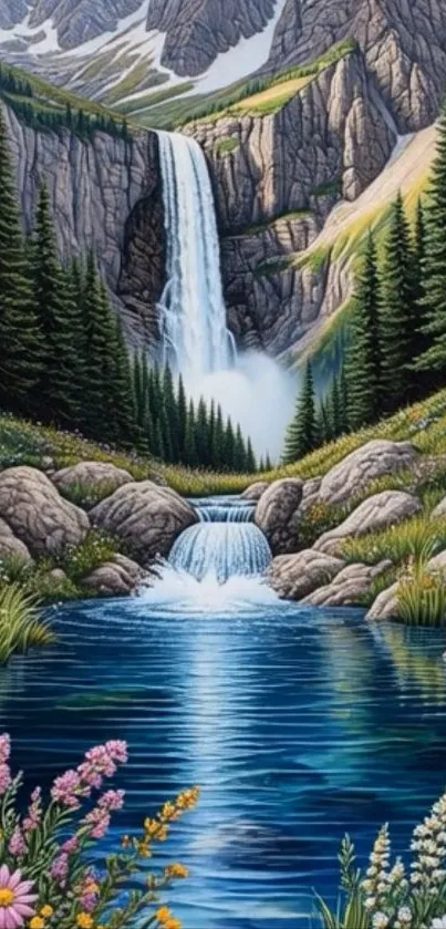 Scenic waterfall landscape with lush greenery.