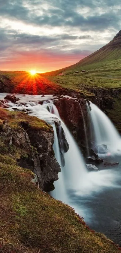 Beautiful sunrise over waterfall with lush greenery and vibrant sky.