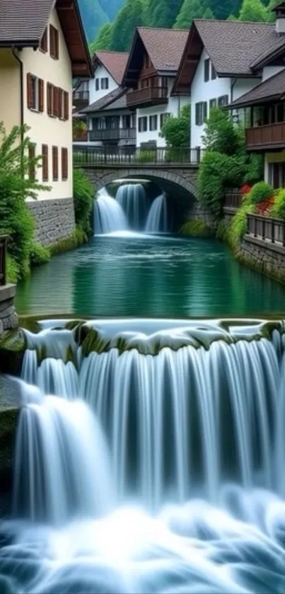 Charming village with waterfall and bridge scenery.