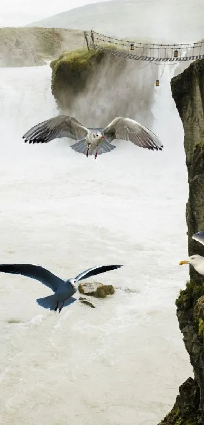 Majestic waterfall with soaring seagulls and rugged cliffs.