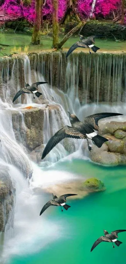 Serene waterfall scene with birds flying over turquoise waters.