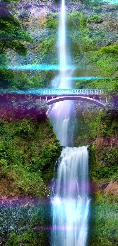 Scenic waterfall with bridge and light streaks.