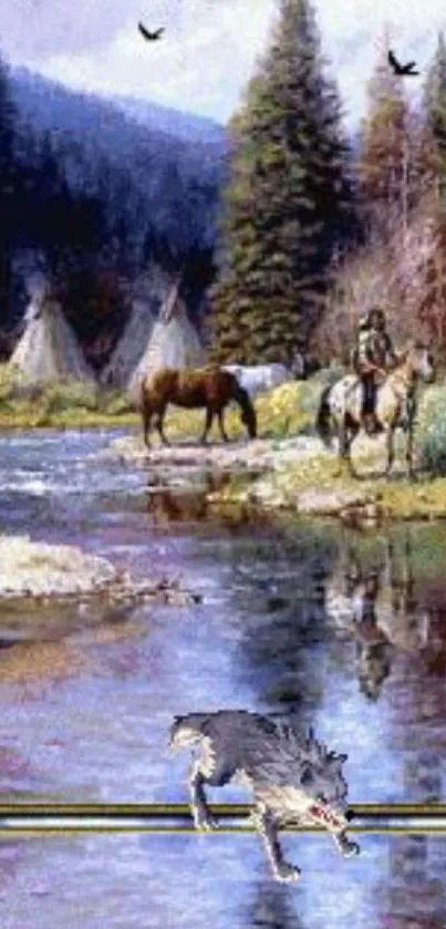 Wilderness scene with river, horses, tepees, and wolf.