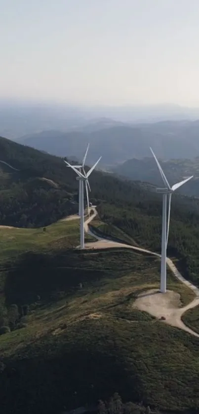 Wind turbines on lush green hills at sunrise.