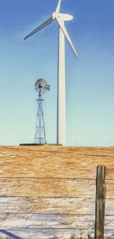 A wind turbine and windmill in a scenic field under a vibrant blue sky.