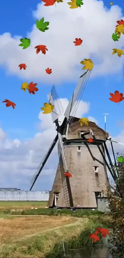 Windmill with colorful autumn leaves on a sunny day with blue sky.