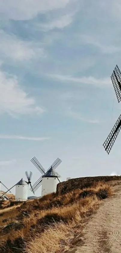 Beautiful landscape with windmills and blue sky wallpaper.