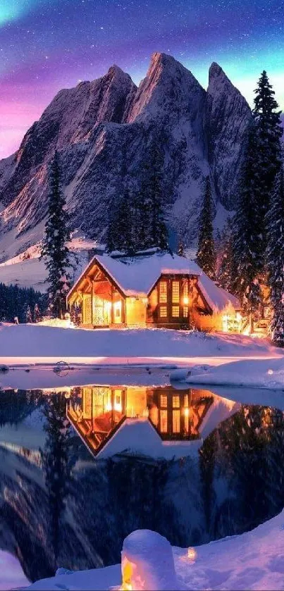 Winter cabin under pastel aurora lights reflecting on a tranquil lake.