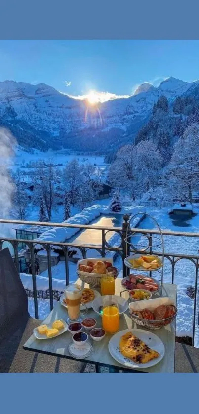 Winter breakfast with mountain view and snowy landscape.