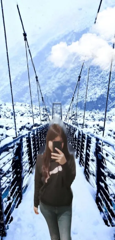 Person on a snow-covered bridge in winter landscape.