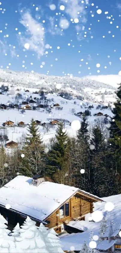 Winter chalet in snowy mountain landscape with clear blue sky.