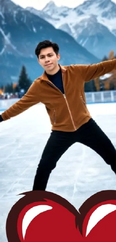 Person ice skating with mountains.