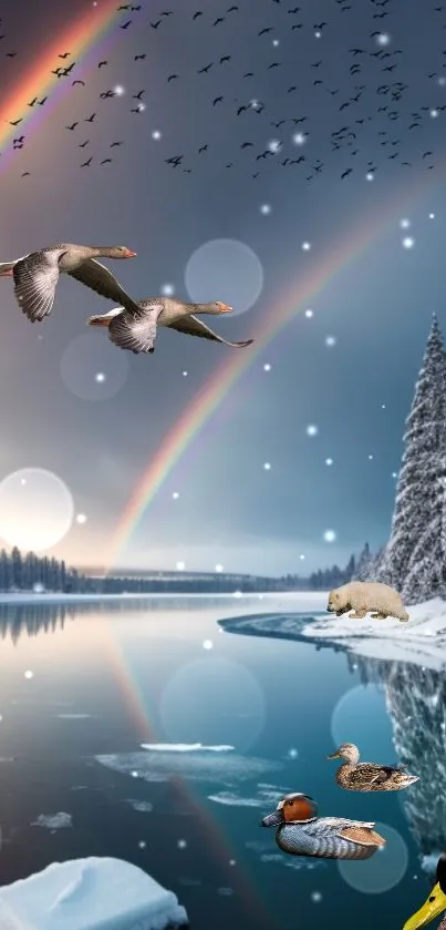 Winter lake with wildlife and rainbow in serene landscape.