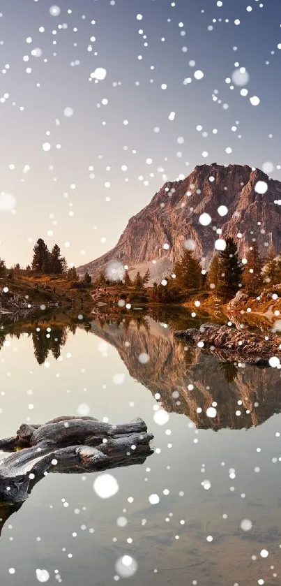 Snow-covered mountain scene with lake reflection.