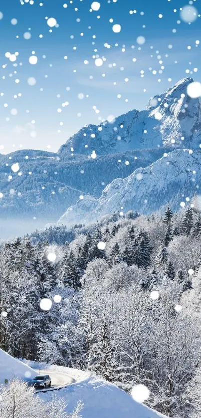 Winter landscape with a church and snow-capped mountains.