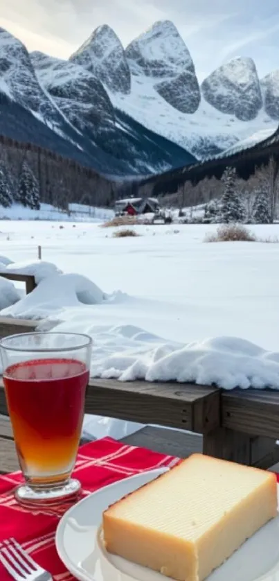 Snowy mountain view with a rustic breakfast and a cozy cabin in the background.